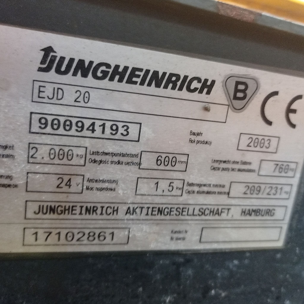 Wózek podnośnikowy Jungheinrich EJD20 1,6m 2000kg 1760mth