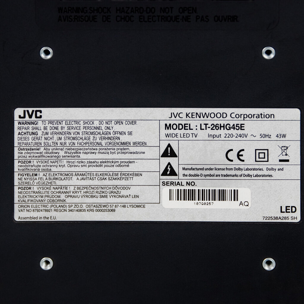 Telewizor LCD JVC LT-26HG45E tabliczka znamionowa