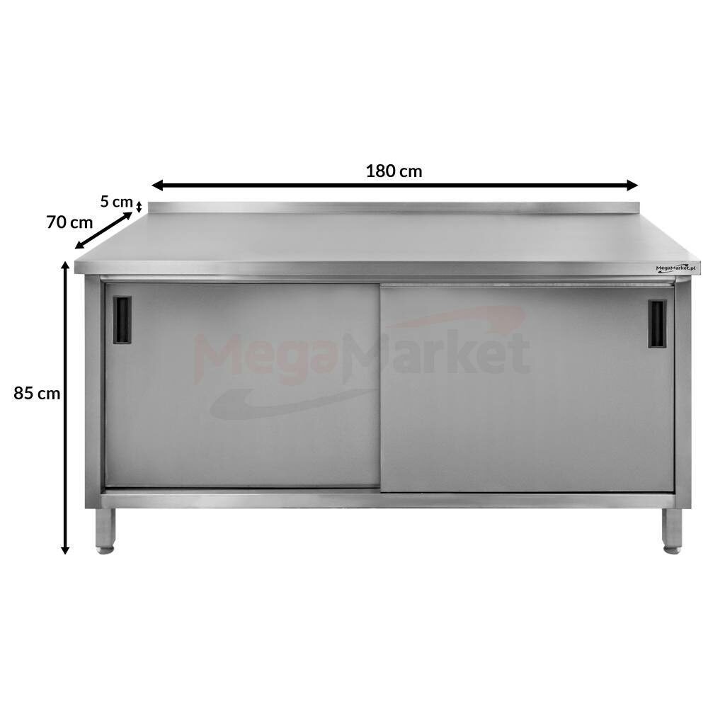 Wymiary stołu gastronomicznego z szafką drzwiami przesuwanymi i rantem Mega-M 180x70x85
