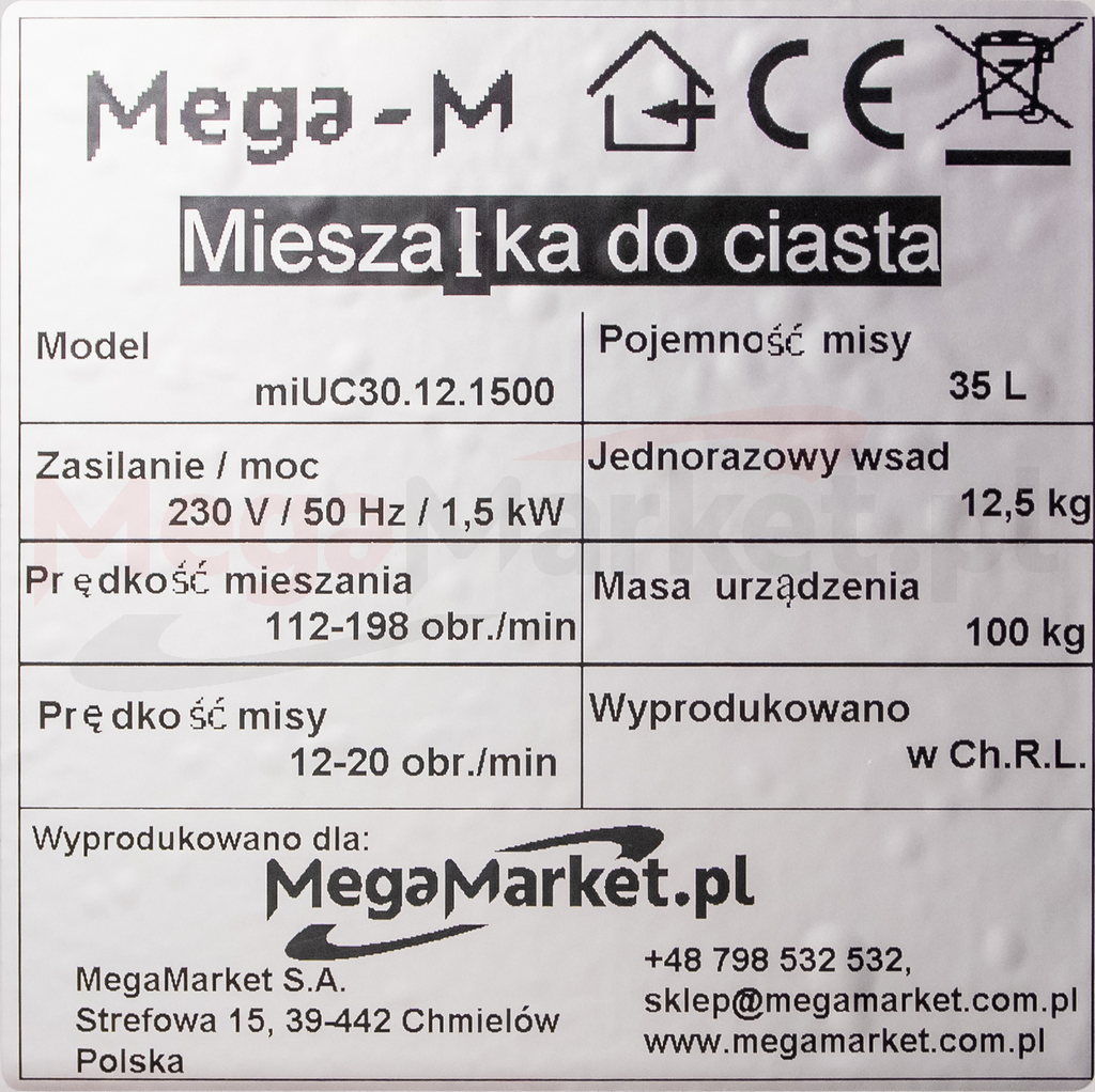 Mieszałka do ciasta firmy Mega-M miUC30.12.1500 tabliczka znamionowa