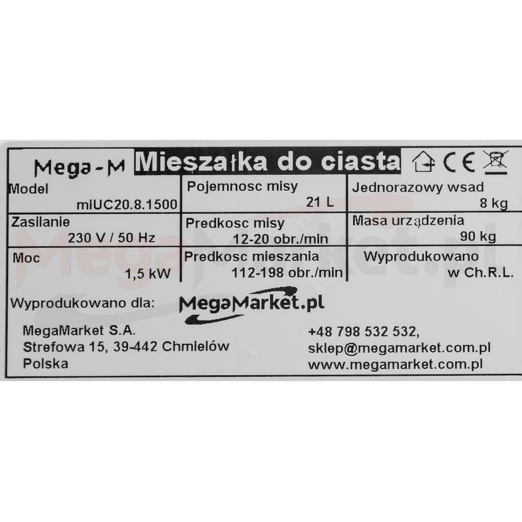 Mieszałka do ciasta Mega-M miUC20.8.1500 pojemność 21L