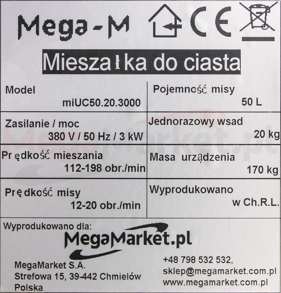 Mieszałka do ciasta firmy Mega-M miUC50.20.3000 tabliczka znamionowa