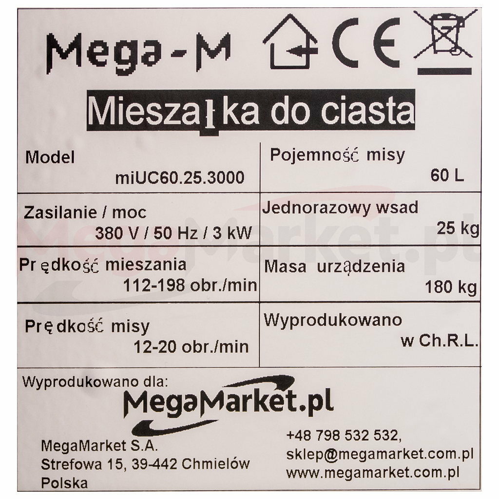 Mieszałka do ciasta firmy Mega-M 64L tabliczka znamionowa