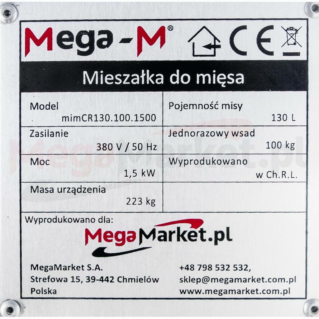 Mieszałka do mięsa firmy Mega-M mimCR130.100.1500 tabliczka znamionowa