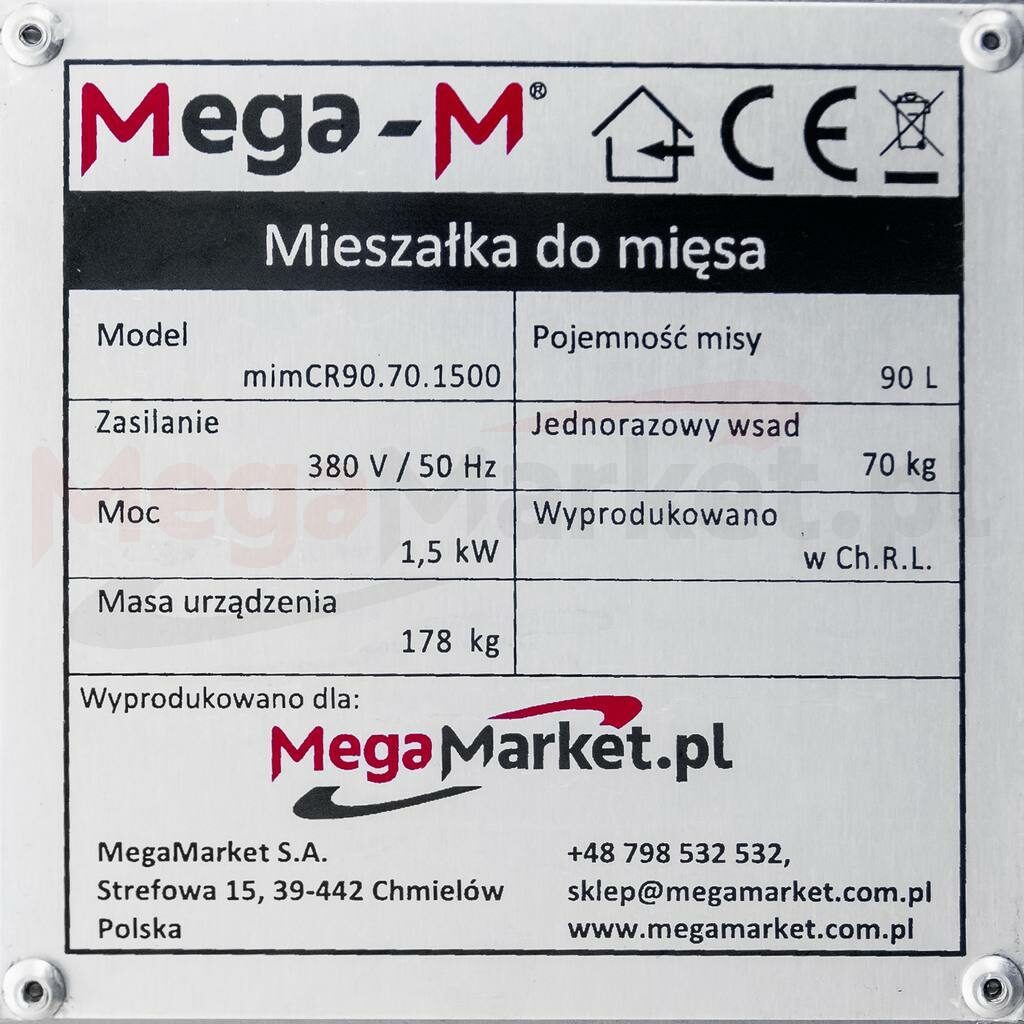 Mieszałka do mięsa z wychylną dzieżą Mega-M mimCR90.70.1500 tabliczka znamionowa