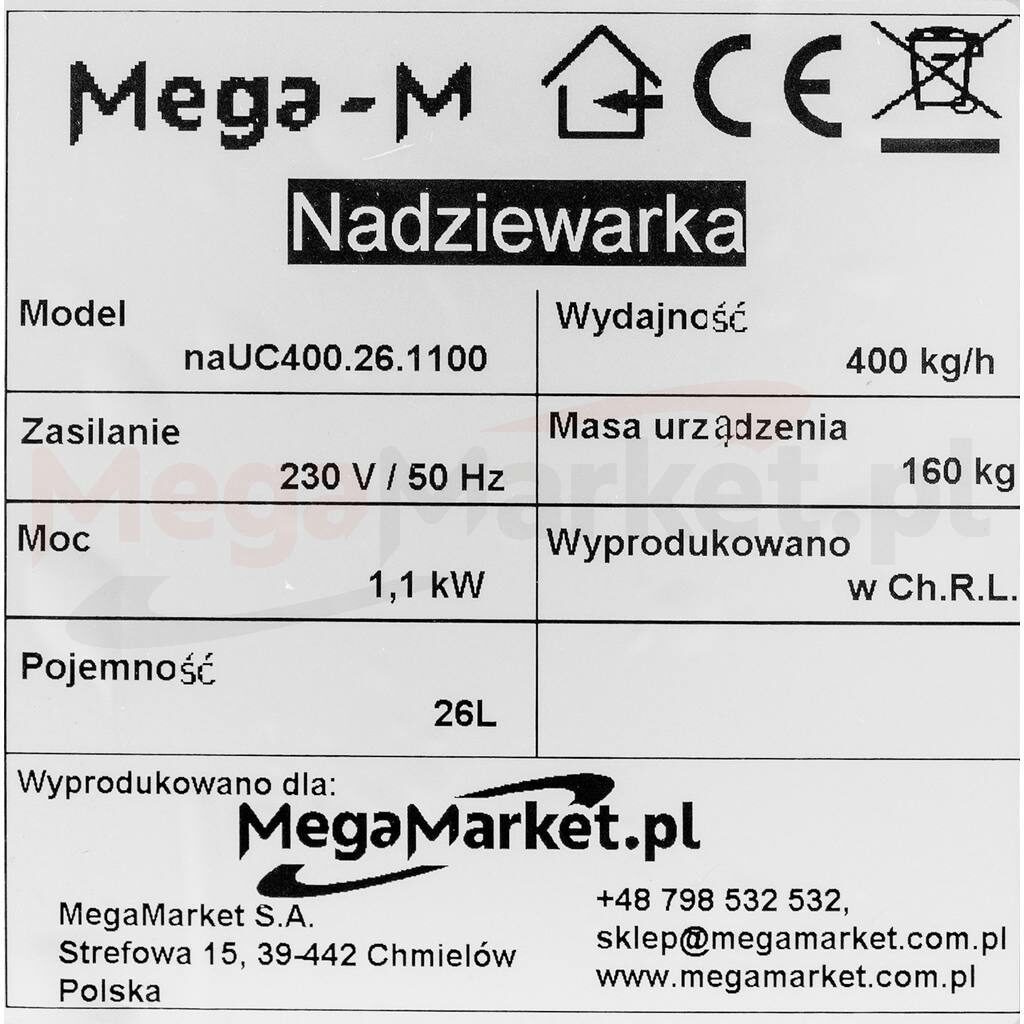 Nadziewarka hydrauliczna firmy Mega-M 26 l ze stali nierdzewnej tabliczka znamionowa