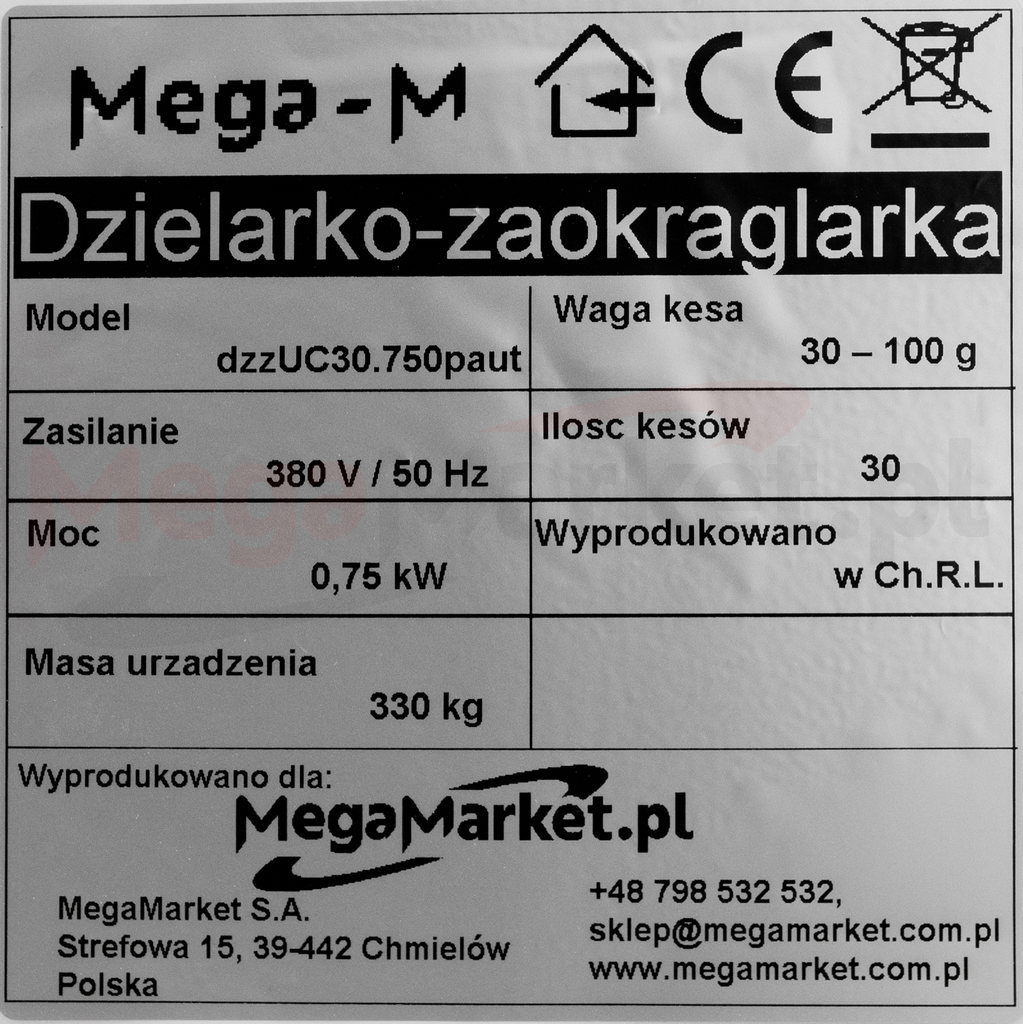 Tabliczka znamionowa w dzielarko-zaokrąglarce półautomatycznej Mega-M do piekarni, cukierni, pizzerii