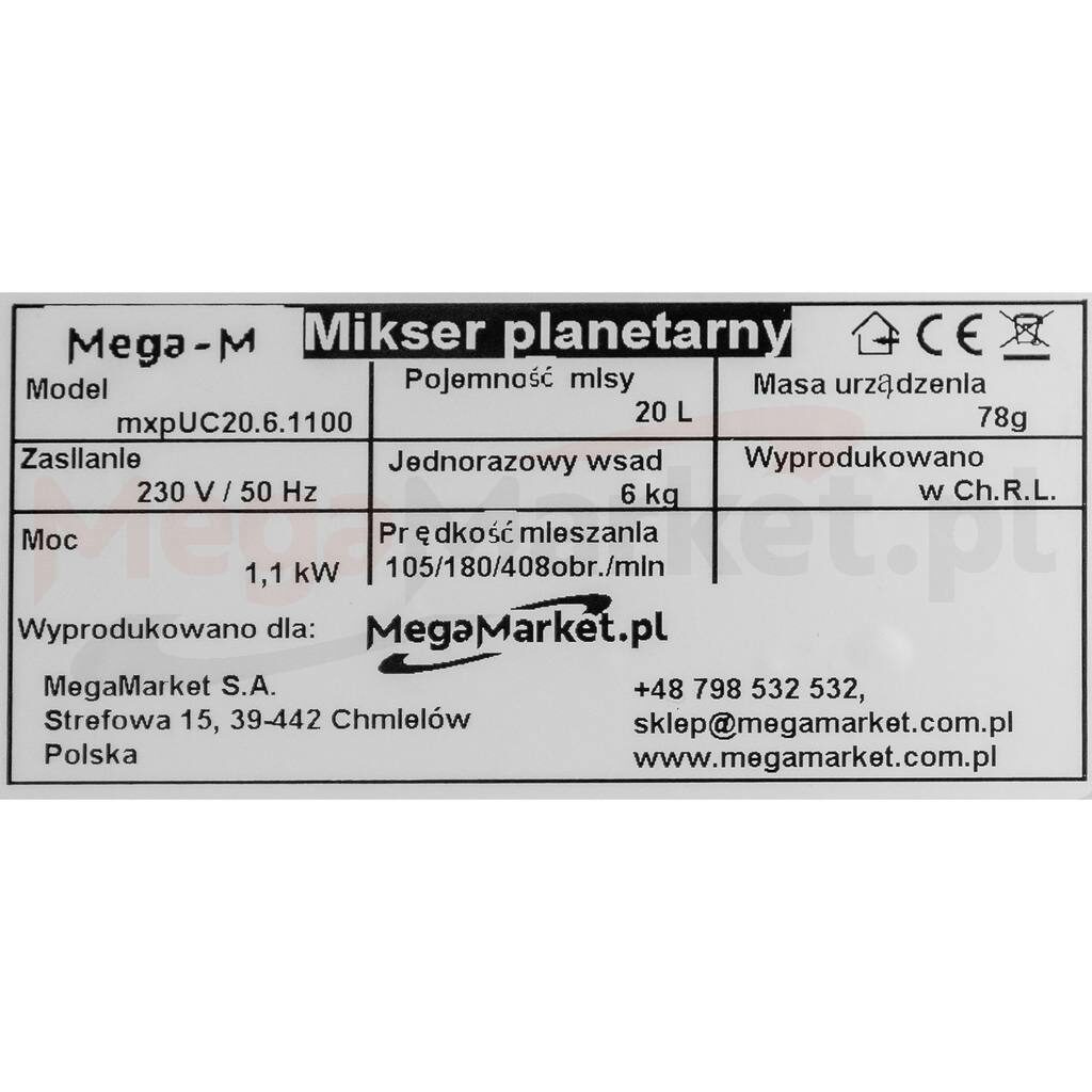Mikser planetarny robot Mega-M mxpUC20.6.1100 biały pojemność 20L tabliczka znamionowa