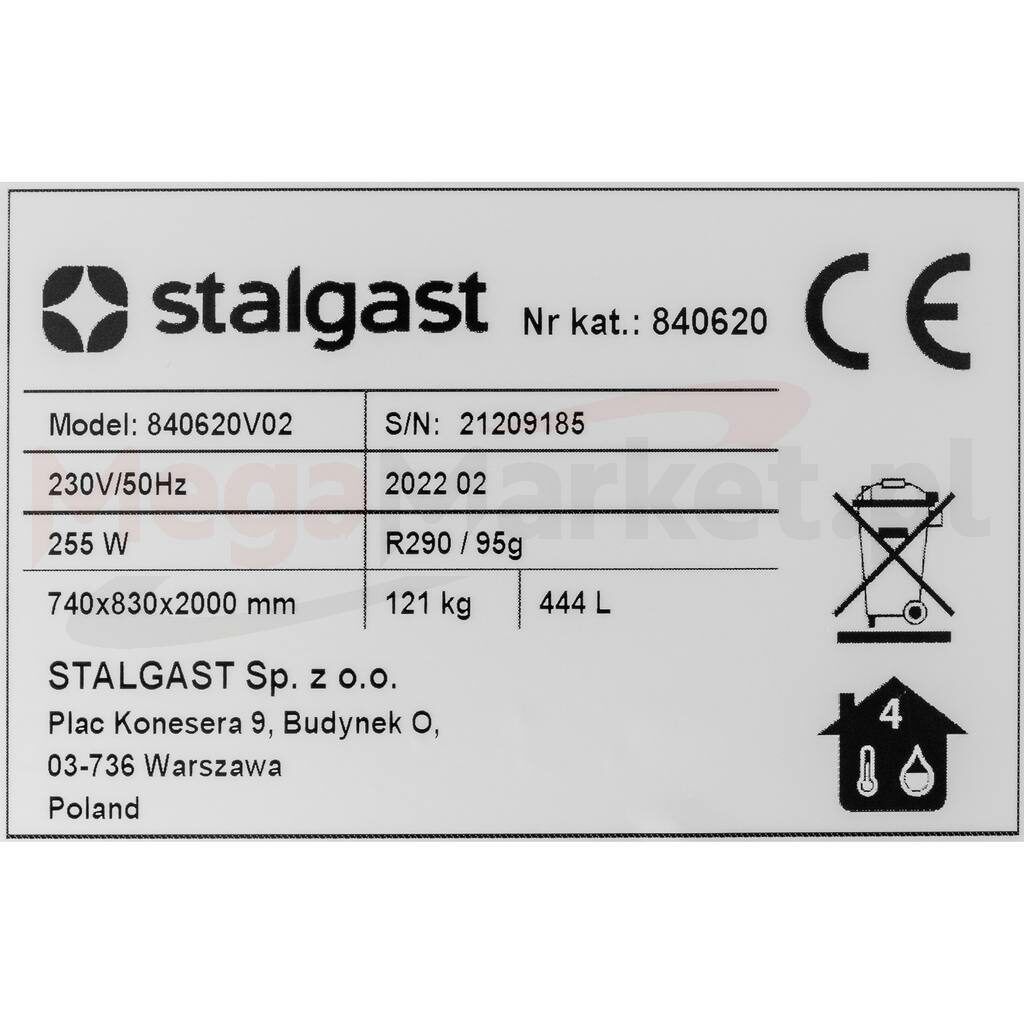 Szafa chłodnicza zapleczowa Stalgast 840620 stal nierdzewna 589L tabliczka znamionowa