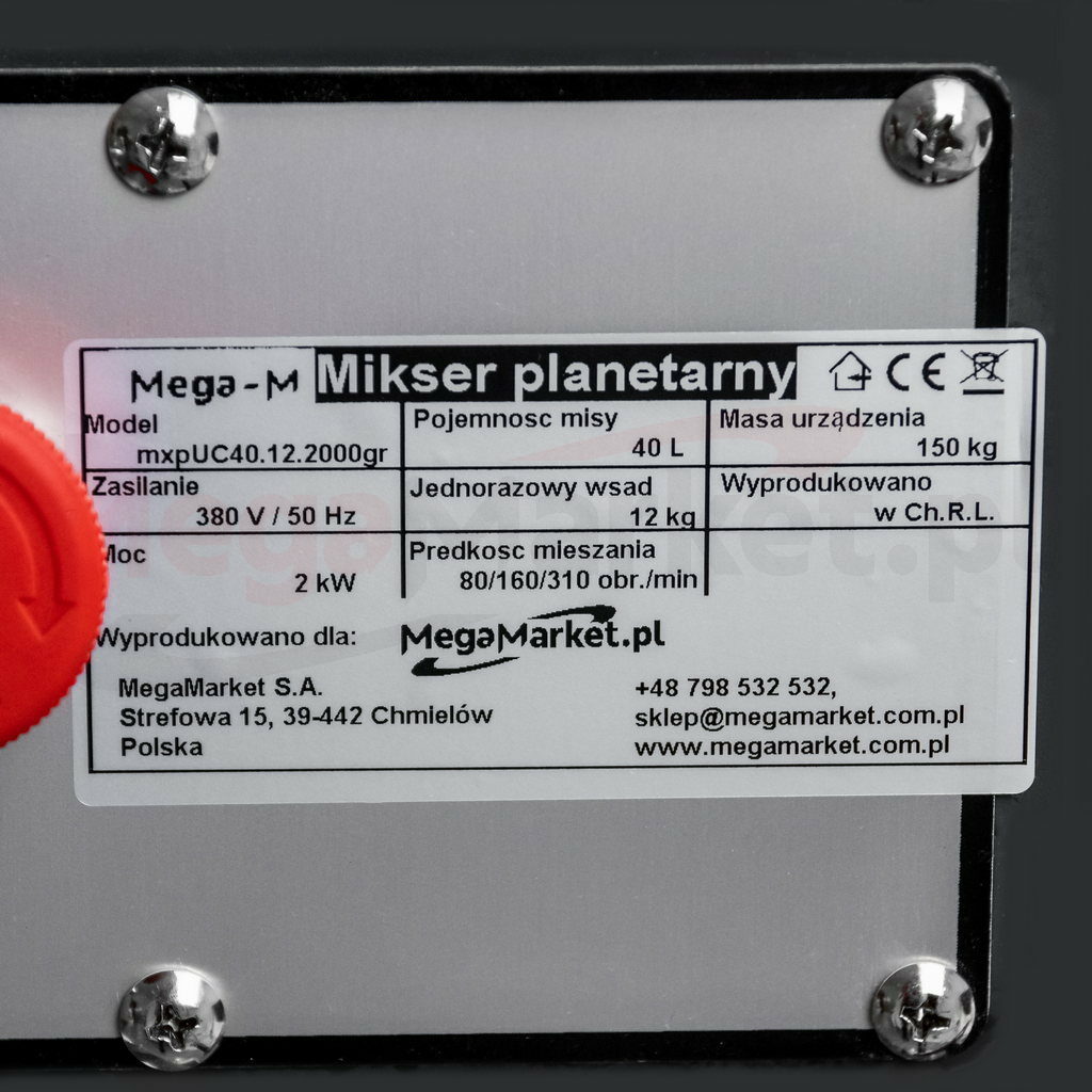 Tabliczka znamionowa w mikserze planetarnym przemysłowym z misą 40L Mega-M